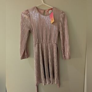 Girls Paper doll Metallic Rose-Pink Pleated Long-Sleeve Party Dress